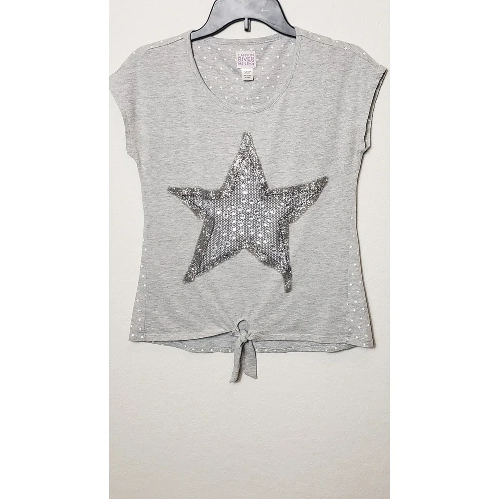 Girls Gray Canyon River Blues Sequins Star Tie Front‎ T Shirt Top Kids XL 18